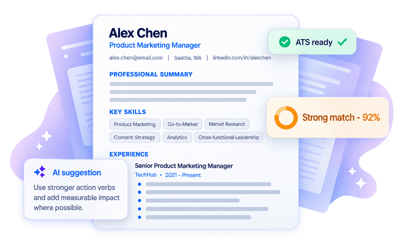 Resume with ATS readiness, match score, and writing guidance